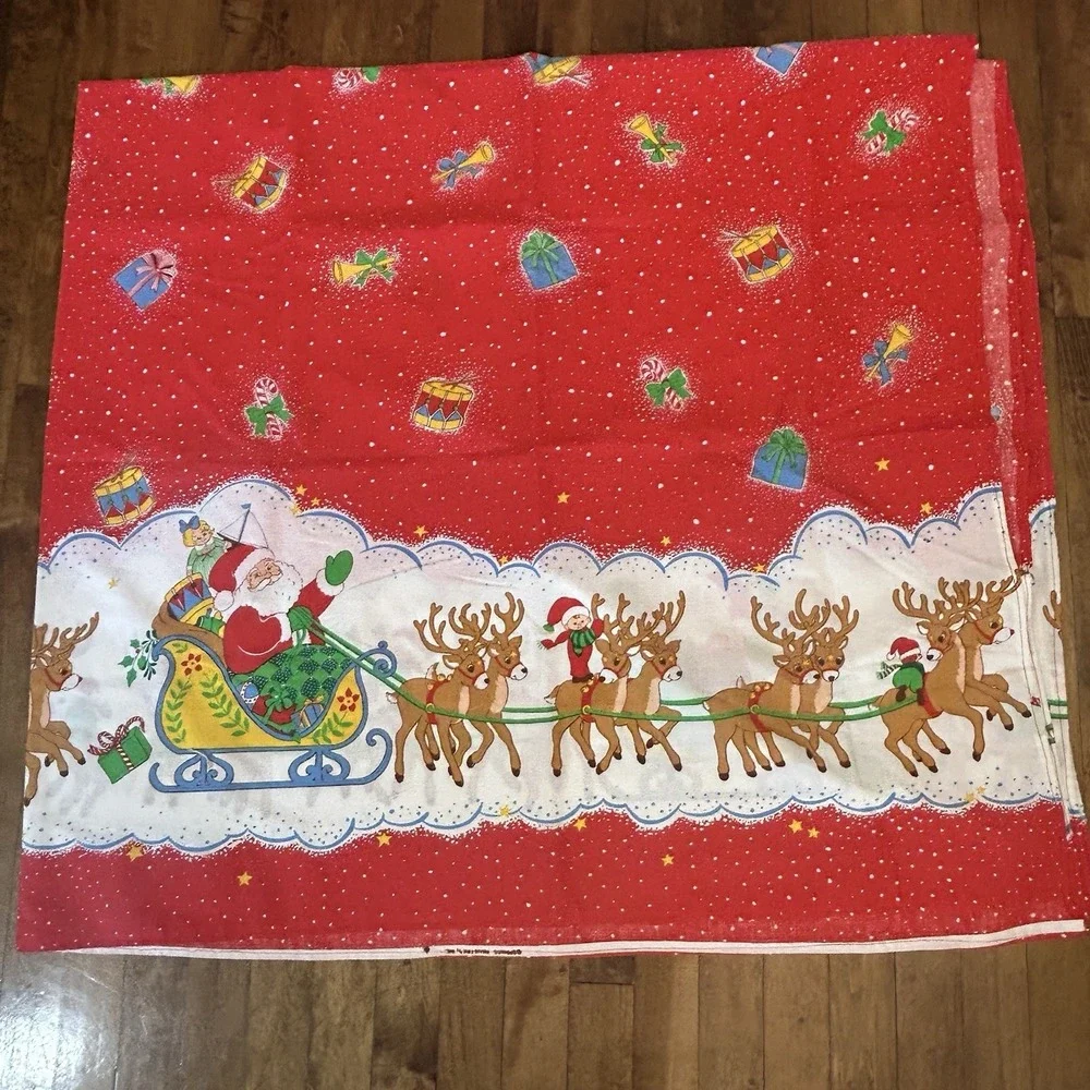 Vtg Springs Industries Christmas Santa Sleigh Reindeer Tablecloth Fabric 76x70